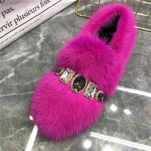 Womens Round Toe 100% Real Mink Fur Furry Rhinestones Diamond Loafers Flats Warm Winter Shoes Snow Thick 12Colors New 2020