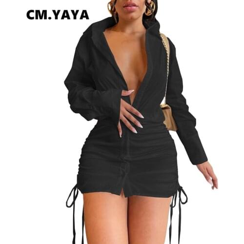 CM.YAYA Women Mini Dress Solid Full Sleeve Turn-down Collar Single Breasted Shirring Dresses Sexy Fashion Vestidos Autumn 2021