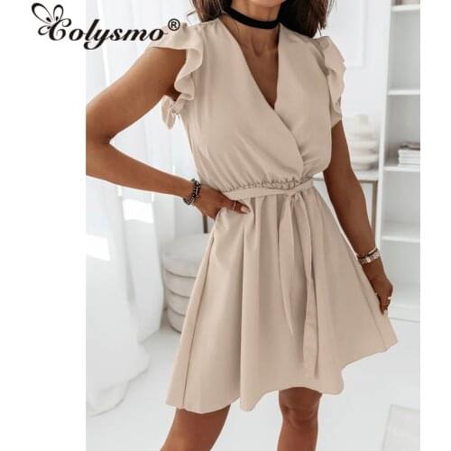 Colysmo Ruffle Wrap Dress Tie up Belt Sleeveless A Line V Neck Purple Mini Casual Dress robe femme Summer Dresses for Women 2021