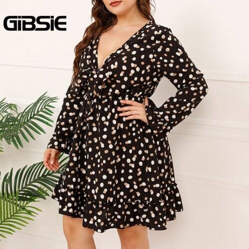 GIBSIE Plus Size Deep V Neck Knot Front Polka Dot Dress Women Autumn Sexy Casual High Waist Long Sleeve Ruffle Hem Dresses 2021