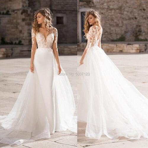 2021 Two Pieces Mermaid Wedding Dresses Long Sleeves V Neck Bridal Wedding Gown Lace Appliques Open Back Vestidos De Noiva