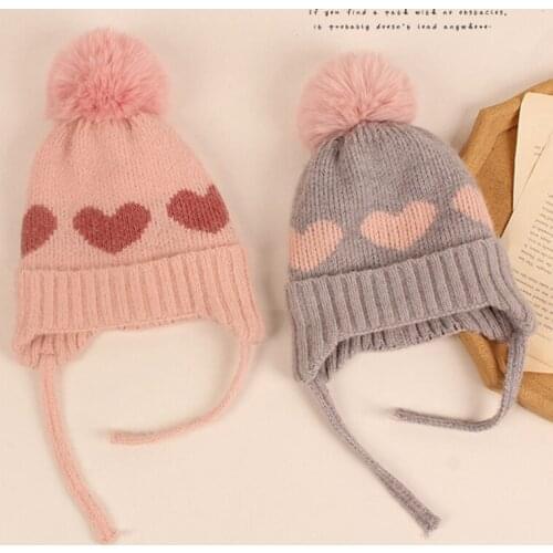 Winter Warm Baby Hats For Cute Kids Girls Boys Jacquard Love Hat With Pompom Thick Knitted Lacing Toddler Cap Beanie Bonnet