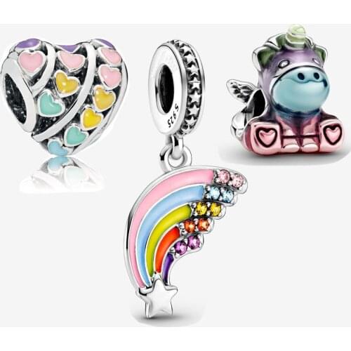 2021 New 925 Sterling Silver Unicorn & Colourful Rainbow Dangle Charm packet Fit Pandora Bracelet Bangle Charm Set DIY Jewelry