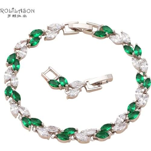 ROLILASON mothers day gift gracefull Leaves design green zircon delicatesilver bracelets Health Fashion jewelry TB444