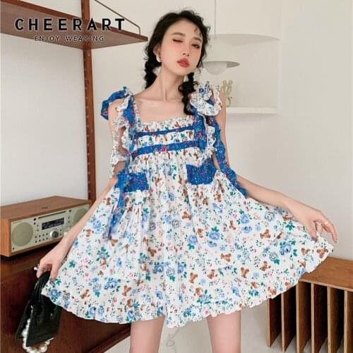 CHEERART Designer Ruffle Floral Ruched Tank Dress Women Backless Square Neck A Line Korean Fashion Kawaii Cute Dress Summer 2021