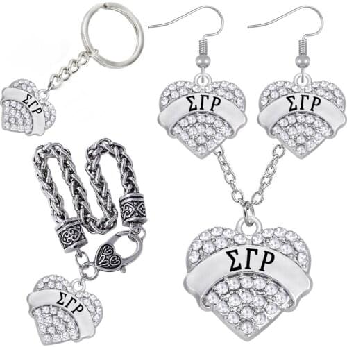 Hot rhinestone crystal inlaid heart metal Greek letter SIGMA GAMMA RHO pendant jewelry set for sorority society gift souvenir