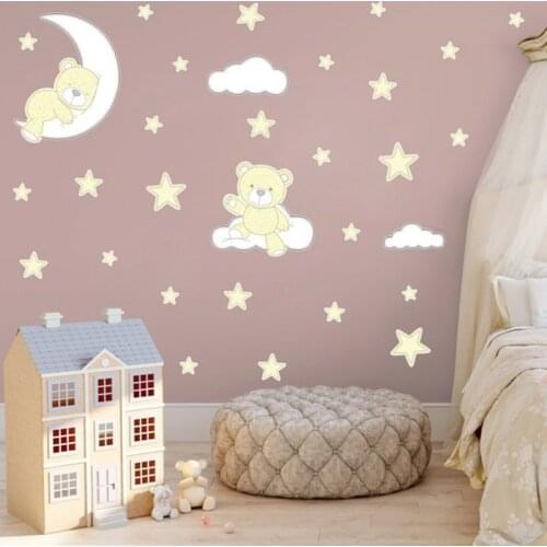 Cute Moon Stars Bear Wall Stickers For Kids Baby Room Home Nursery Art Decorative Sticker Papers Children Bedroom Decals Murals