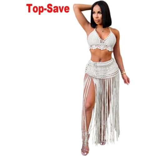 Fashion Handmade Knitted Two Piece Women Halter Top And Long Skirt Set Sexy Clothing Beach Cover Up Bodycon Evening Party Dress