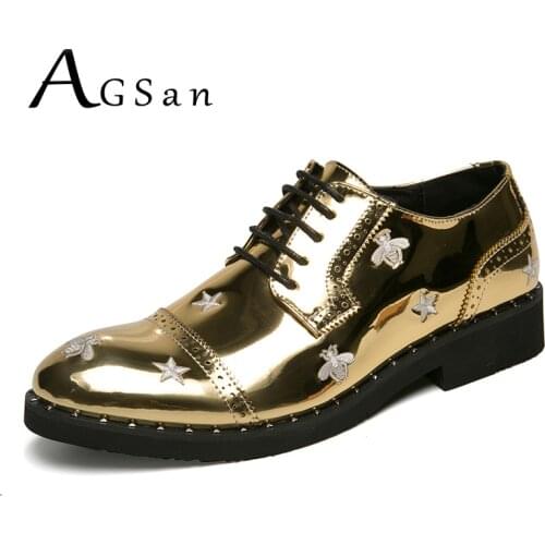 AGSan Gold Men Dress Shoes Lace Up Fashion Mens Oxfords Brogue Dress Oxfords Printing Bee Shoes Party Shoes for Men Pointed Toe