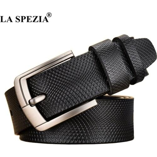 LA SPEZIA Genuine Leather Belt Male Pin Buckle Cow Real Leather Belt Men Black Brown Solid Brand Casual High Quality Men Belt