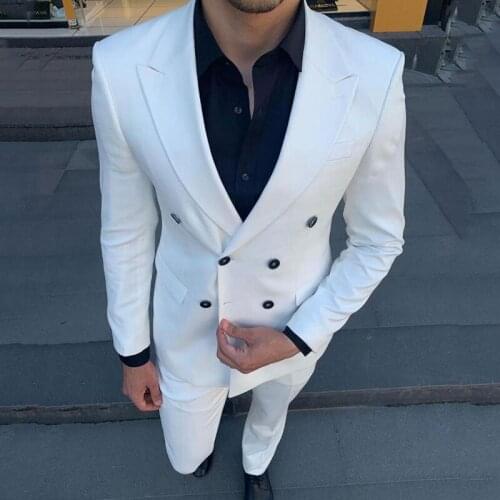 White Slim Fit Men Suits for Wedding 2 Piece Groom Tuxedo Peaked Lapel Custom Male Fashion Costume Jacket with Pants 2021