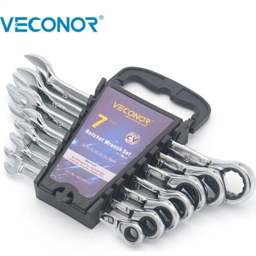 7Pcs Ratchet Key Wrench of Keys Set Ratcheting Spanner Mirror Polish 72T Fixed Ratchet Head Wrench Tool Set Multi-tool with Rack