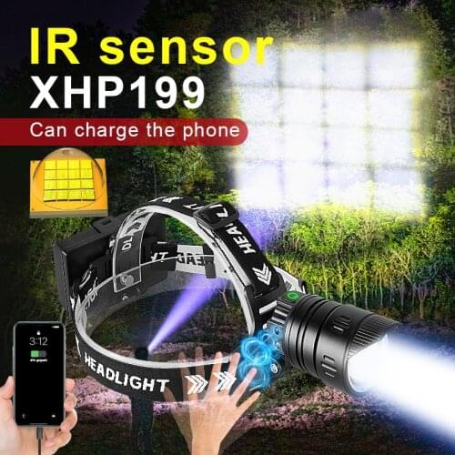 XHP199 LED Headlamp Flashlights 18650 IR Sensor Head Torch Powerful Rechargeable Head Lamp XHP90.2 LED Headlight Fishing Lantern