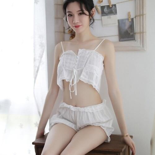 Japanese Schoolgirl Nightwear Cotton Cup Underwear Satin Lace Wire Free Bandeau Bra Set Women Sexy Lingerie Sleepwear