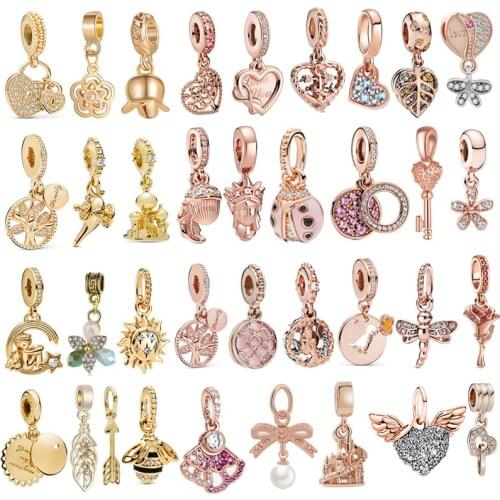 2021 New Golden Color Rose Gold Color Flower Pendant Beads Fit Original Pandora Charms Silver Color Bracelets Women Girl Jewelry