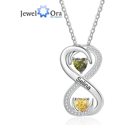 JewelOra Personalized Infinity Love Necklace with 2 Birthstones Customized Engraving Name Promise Necklace Gifts for Girlfriend