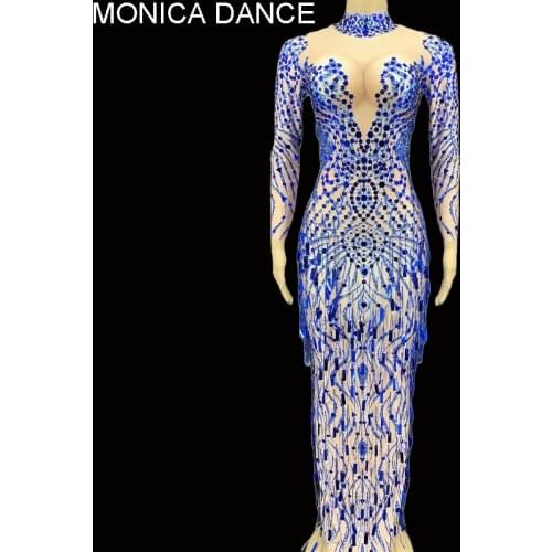 Sexy Stage Blue Rhinestone Sequin Fringe Spandex Long Dress Birthday Celebrate Show Dress Women Dancer Singer Prom Party Dress