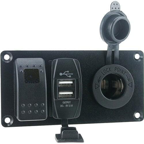 Waterproof USB Car Switch Panel Charger Cigarette Lighter Socket Power Outlet Toggle Panel with Rocker Switch Blue LED