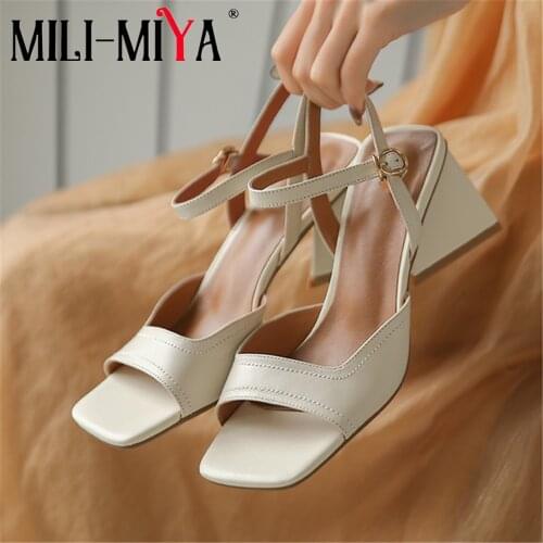 MILI-MIYA New Style Summer Sandals Women Fashion Strange Heel Ankle Buckle Strap Solid Color Square Toe Dress Shoes Apricot