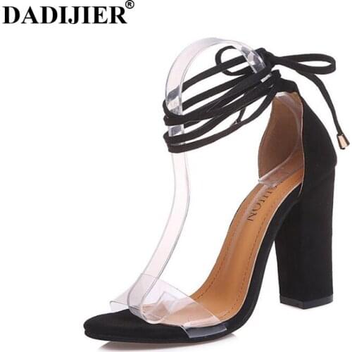 DADIJIER 2018 Women High Thick Heels Sandals Cross-tied Fashion Transparent Gladiator Sandals Pumps Plus size shoes ST243 10CM