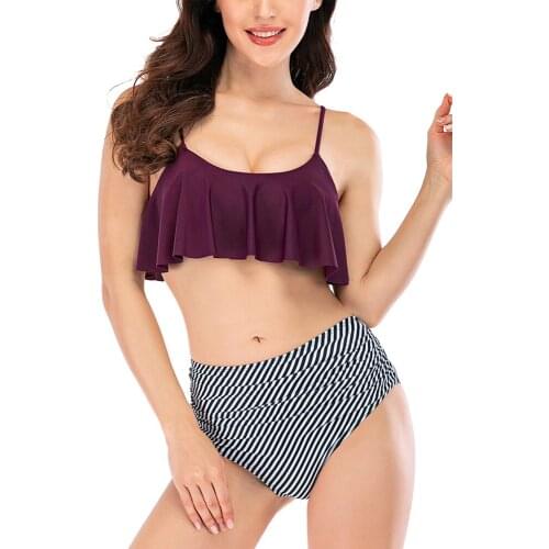 VECENEY Women Two Pieces High Waisted Ruffle Bikini Set Swimwear Beach Bathing Suit, Stripe Bottom