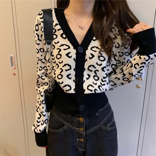 Womens Knitted Cardigan Leopard Print V-neck Buttons Long Sleeves Loose Sweater Wholesale 2021 New Fashion Female Clothing