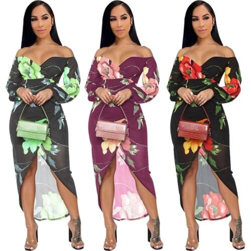 RStylish 2021 Women Sexy Boho Mesh Floral Print Deep V-Neck Long Sleeve Summer Ladies Evening Party Maxi Dress