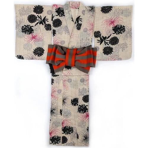 Womens Tradtional Japanese Yukata Kimono Linen Daisy Flower Print Long Kimono Robe Cosplay Costume Firework Festival SummerWear