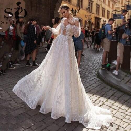 SoDigne Princess Vintage Wedding Dress Sexy Side Split Glitter V Neck Appliques Lace Beach Bridal Dress Wedding Gowns