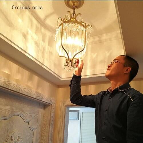 American retro gold LED crystal chandelier living room corridor balcony restaurant Nordic pastoral iron crystal lamp