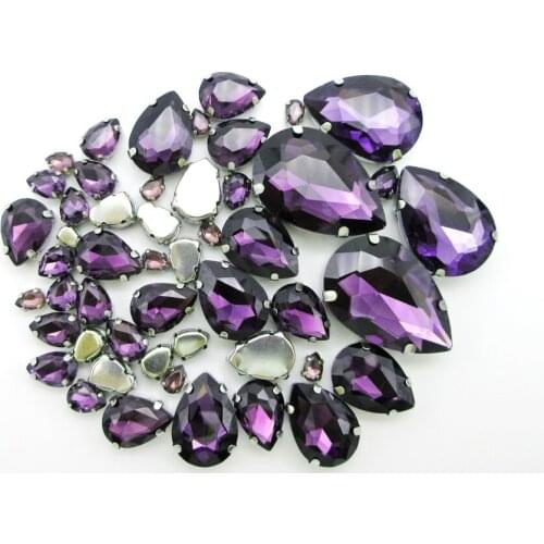 Amethyst crystal glass mix water drop shape 7 sizes silver claw flatback sew on rhinestone beads clothing accessories diy