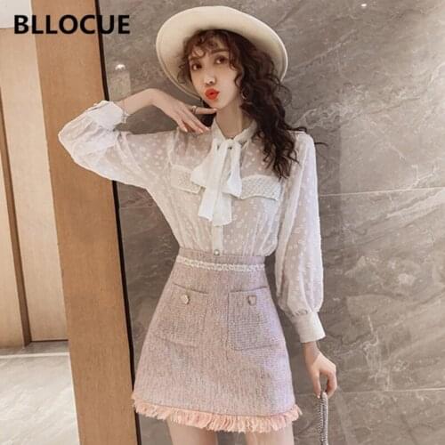 BLLOCUE 2020 New Spring Women Office Sets Womens Bow Lace-up Chiffon Blouse Shirt + Tweed Tassel Mini Skirt 2 Piece Set