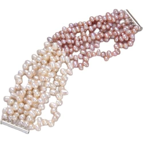 GG Jewelry 8" 5 Strands Multi Color Top-Drilled White Pink Purple Rice Pearl Bracelet