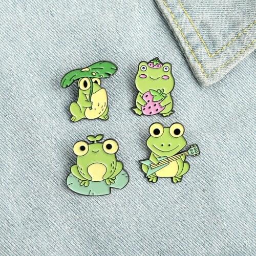 Cartoon Happy Frog Family Cute Little Animal Badge Frog Playing Guitar Eating Strawberry Creative Brooch Men And Women Brooch