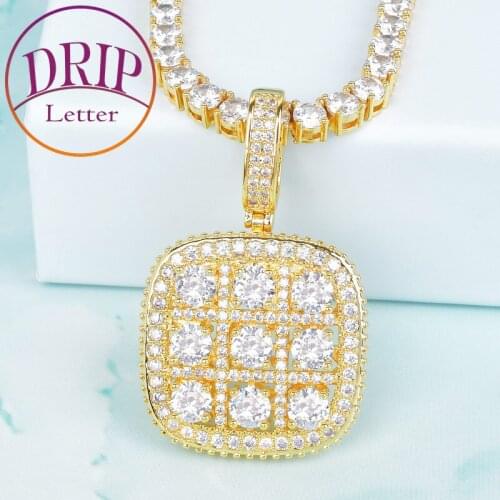 Square Military Army Cluster Pendant Solitaire Necklace Chain Gold Color Cubic Zircon Mens Hip Hop Jewelry