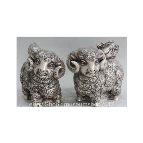 7" Chinese Folk Feng Shui Silver Zodiac Year Sheep Goat Statue Sculpture Pair Tibetan Silver decoration bronze factory outlets