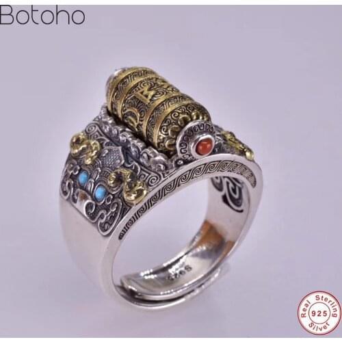 Handcrafted 925 Silver colour Tibetan Prayer Wheel Ring Buddhist OM Mani Padme Hum Ring Good Luck Turning Man Ring Resizable