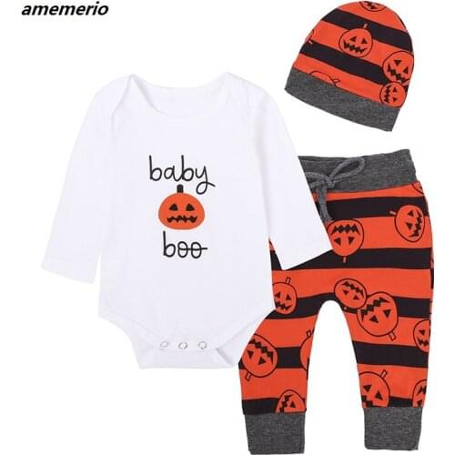 Baby Boy Outfit Sets 3PCS Baby Boo Bodysuit+Pant+Hat Halloween Holiday Festival Autumn Baby Boy Girl Winter Clothing Set