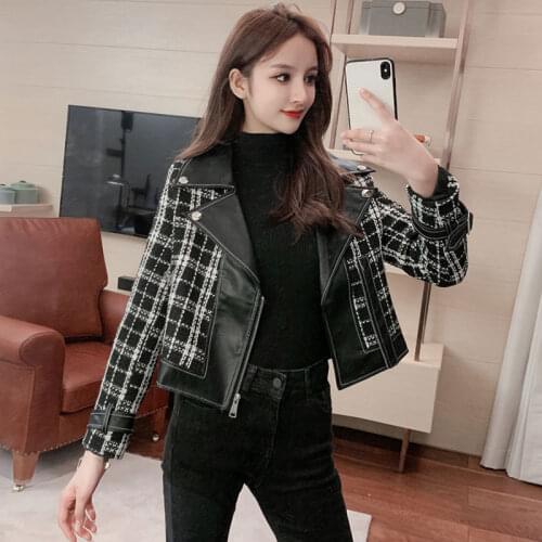 New Arrivals Small fragrant wind Jackets Coat Women Spring Autumn Short Locomotive Coats Ladies Coarse material splicing PU Coat