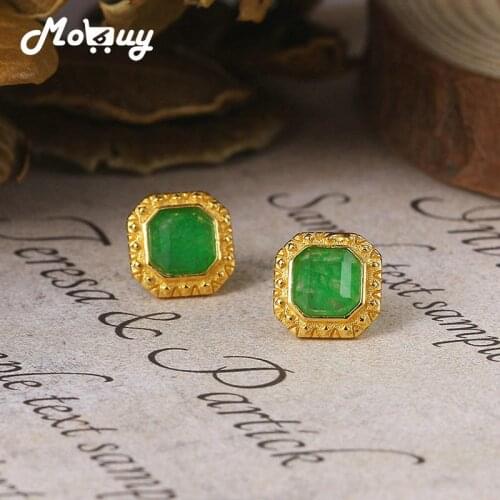 MoBuy Luxury Vintage Dyed Green Jade Earring For Women 925 Silver Stud Earring 14K Gold Plated Fine Jewelry Mother Gift MBEI098