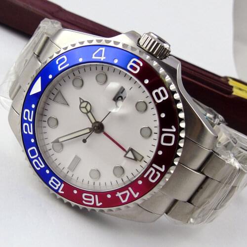 Sapphire Crystal 43MM White Sterile Dial Blue Red Bezel GMT Function Automatic Movement Mens Wrist Watch With Nologo
