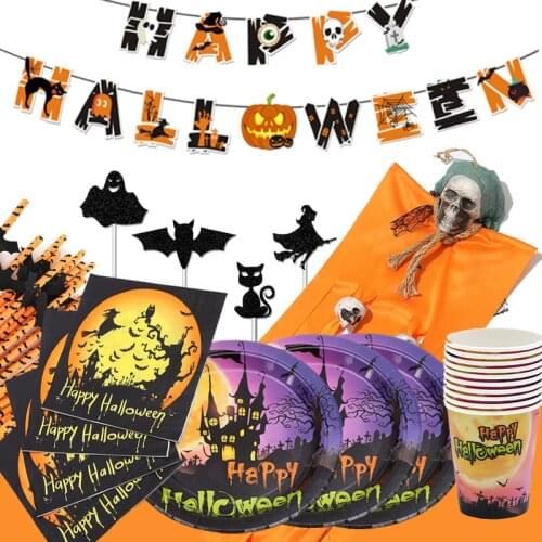 Happy Halloween Disposable Tablewares Set Banner Decoration Napkin Paper Cup Supplier Halloween Decoration