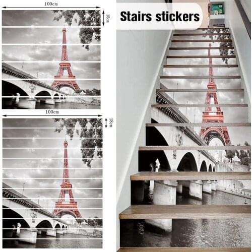 6pcs/13pcs Stairway Decal Stickers City Tower Scenery Removable Self-adhesive Staircase Decor PVC Creative 3D Stair Stickers