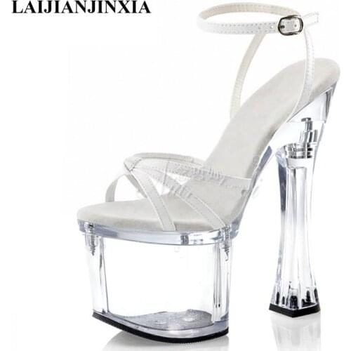 LAIJIANJINXIA New Roman Patent Leather Thick Platform Dance Shoes 18 Cm Super High Heeled Shoes Open Toe Big Size Women Sandals