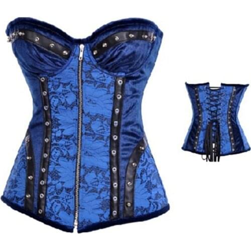 New Zipper Front Plus Size Gothic Floral Sexy Blue Corset Women Steampunk Lace Waist Trainer Overbust Steel Boned Bustier