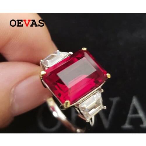 OEVAS Solid 925 Sterling Silver 10*14mm Ruby High Carbon Diamond Topaz Sapphire Bridal Ring Sparkling Wedding Party Fine Jewelry