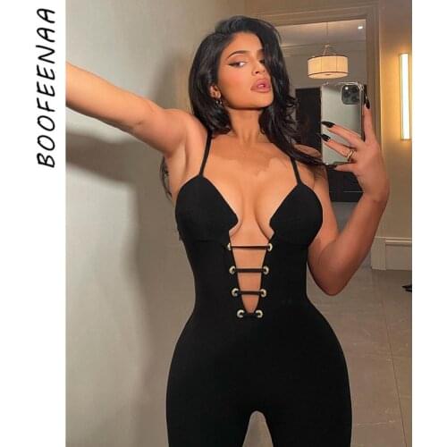 BOOFEENAA Sexy Black Jumpsuits Club Outfits for Women Spagetti Strap Deep V Neck Bandage Bodycon One Piece Outfit C85-CC26