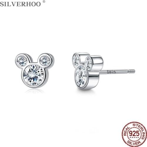 SILVERHOO 100% 925 Sterling Silver Cute Dazzling Mouse Stud Earrings For Women Girl Anniversary Earring Jewelry Gift Hot Selling