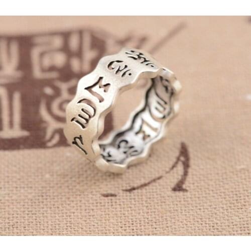 Thai Silver Ring S925 Pure Silver Wholesale Buddhist Six Words Archaize Style Hollow Out Lovers