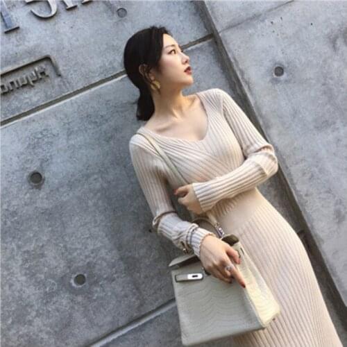 Fall winter women clothes 2019 .Long sleeve V collar Hip wrap knitted dress womens Thin and warm fashion dress